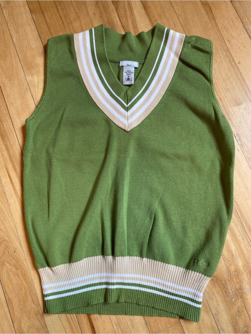 Izod Green V-Neck Sweater Vest with White and Beige Stripes 100% Cotton Tennis